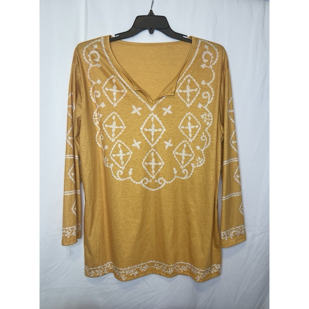 Women's‎ Size XXL Gold/ Yellow & White Bohemian Print Long Sleeve V-Neck Tunic